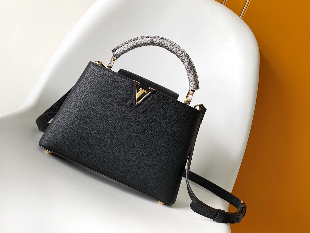 Louis Vuitton LV N92800 Capucines Handbag in Black Python Leather