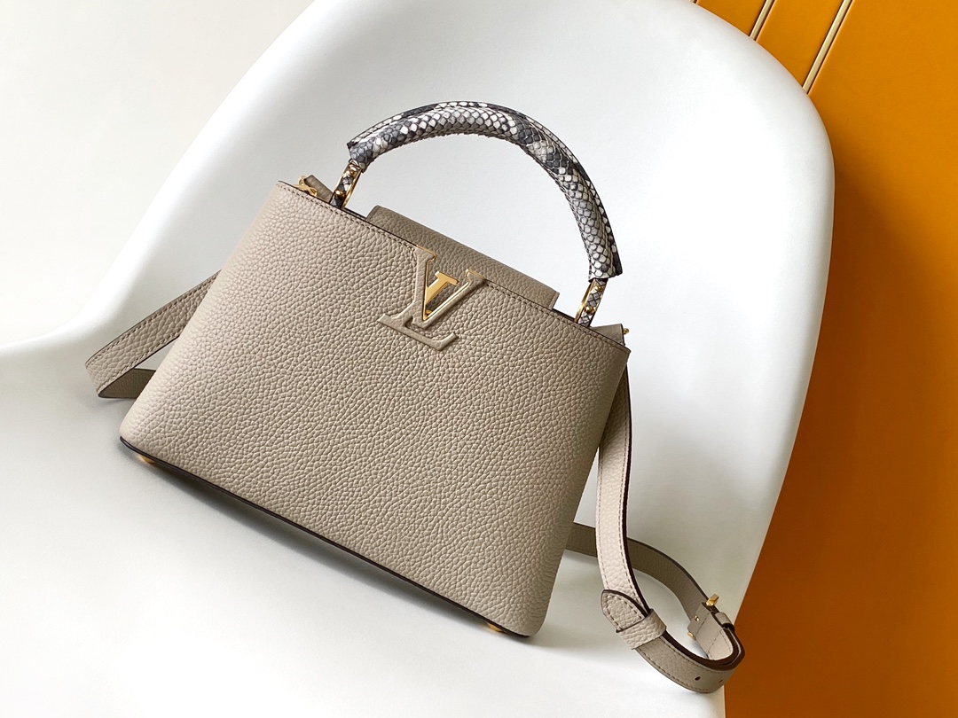 Louis Vuitton LV N92041 Capucines Handbag in Gray Python Leather with Gold Hardware