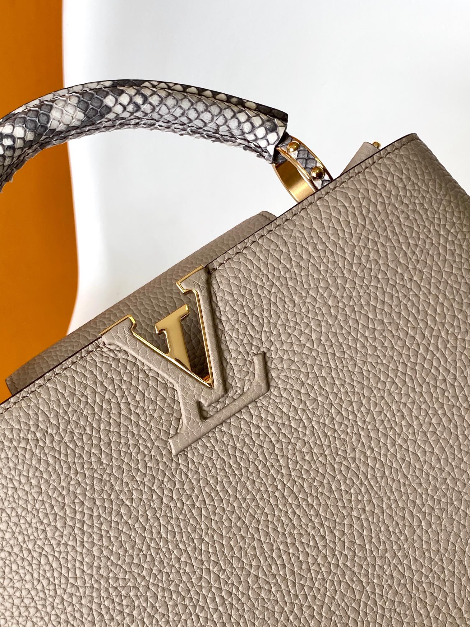 Louis Vuitton LV N92041 Capucines Handbag in Gray Python Leather with Gold Hardware