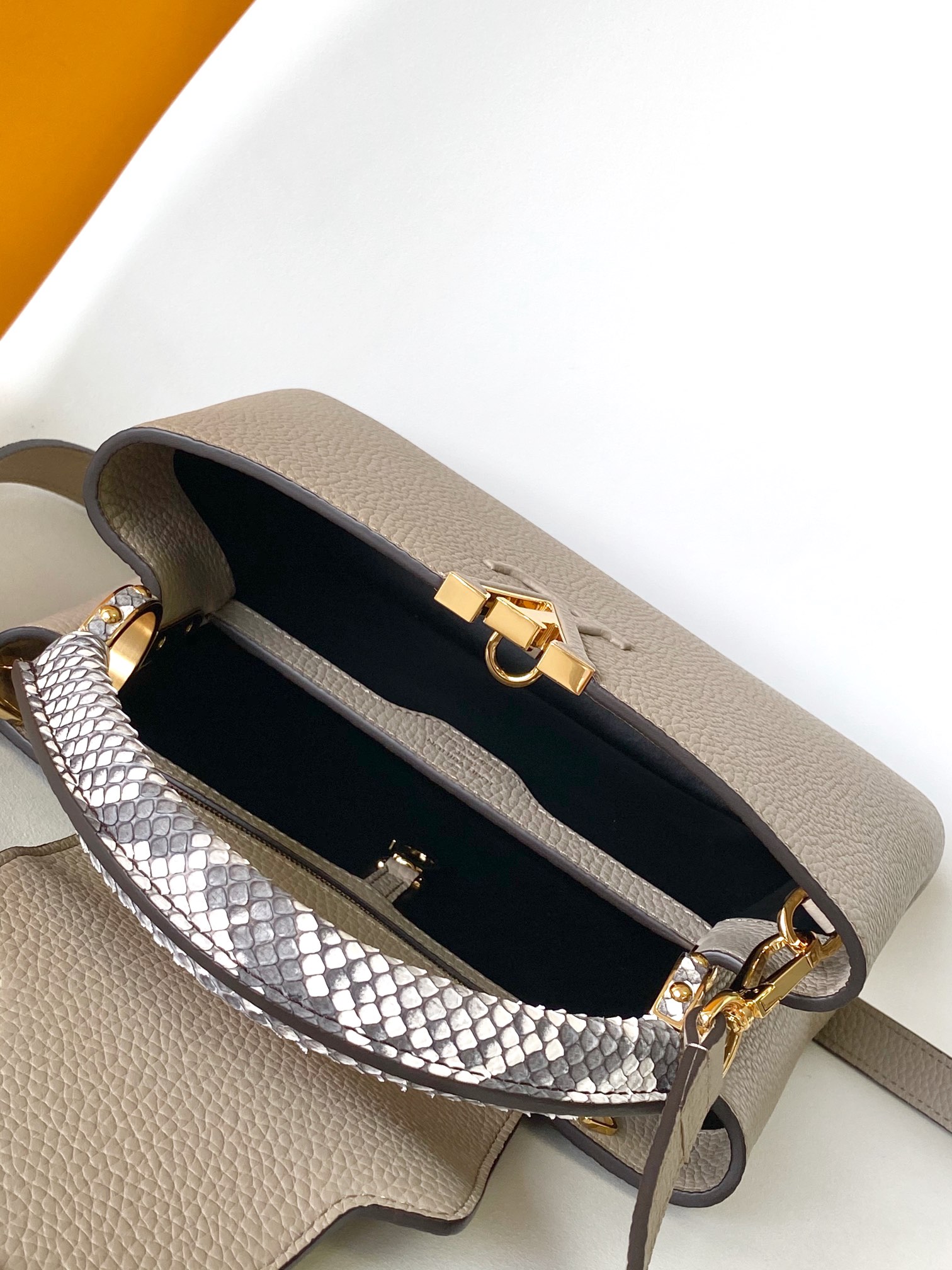 Louis Vuitton LV N92041 Capucines Handbag in Gray Python Leather with Gold Hardware