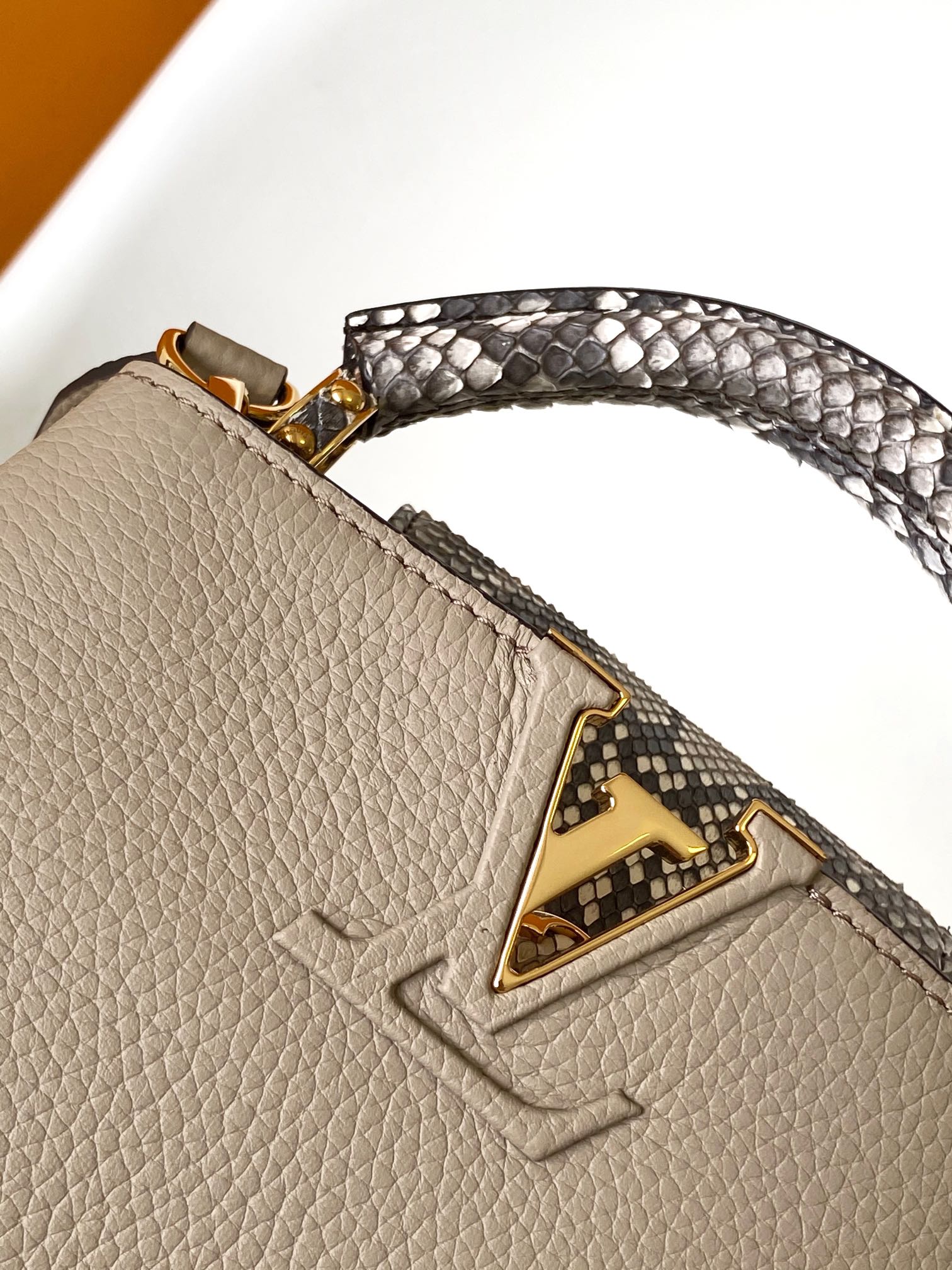 Louis Vuitton LV N81258 Capucines Handbag in Gray Python Leather with Gold Hardware