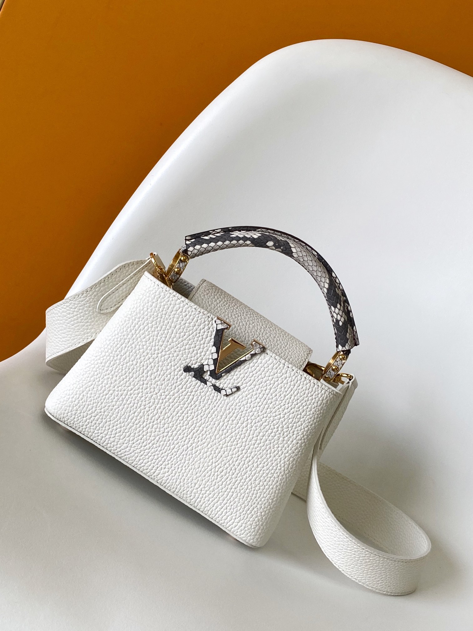 Louis Vuitton LV N98477 Capucines Handbag in White Python Leather with Gold Hardware