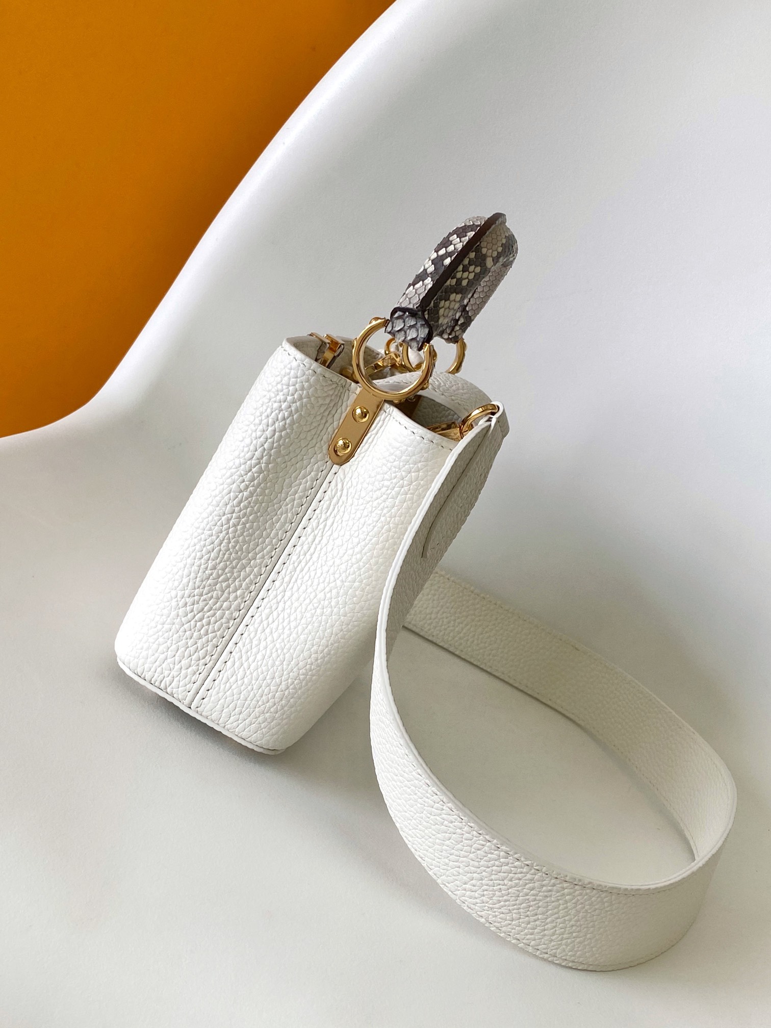 Louis Vuitton LV N98477 Capucines Handbag in White Python Leather with Gold Hardware