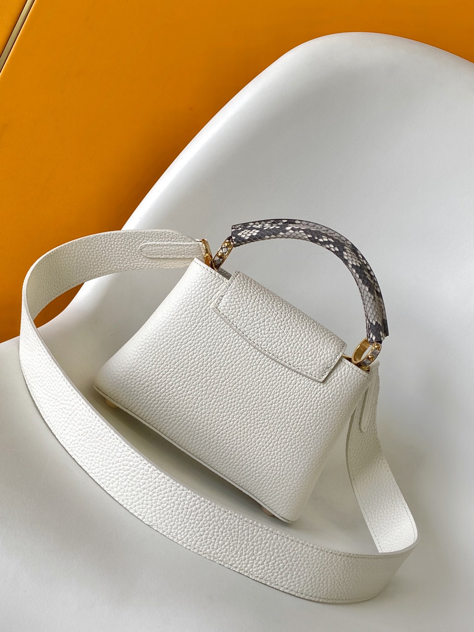 Louis Vuitton LV N98477 Capucines Handbag in White Python Leather with Gold Hardware