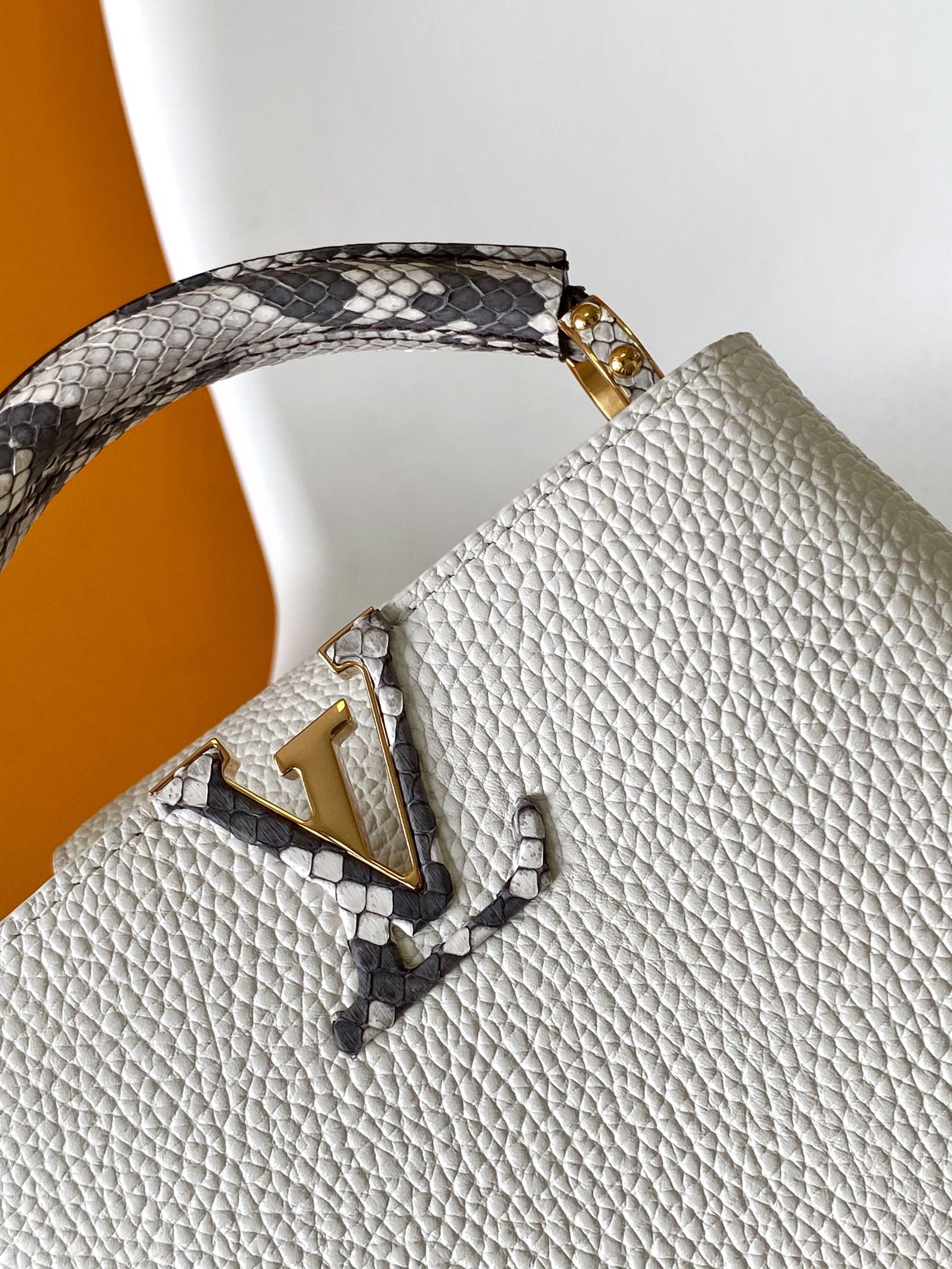 Louis Vuitton LV N98477 Capucines Handbag in White Python Leather with Gold Hardware