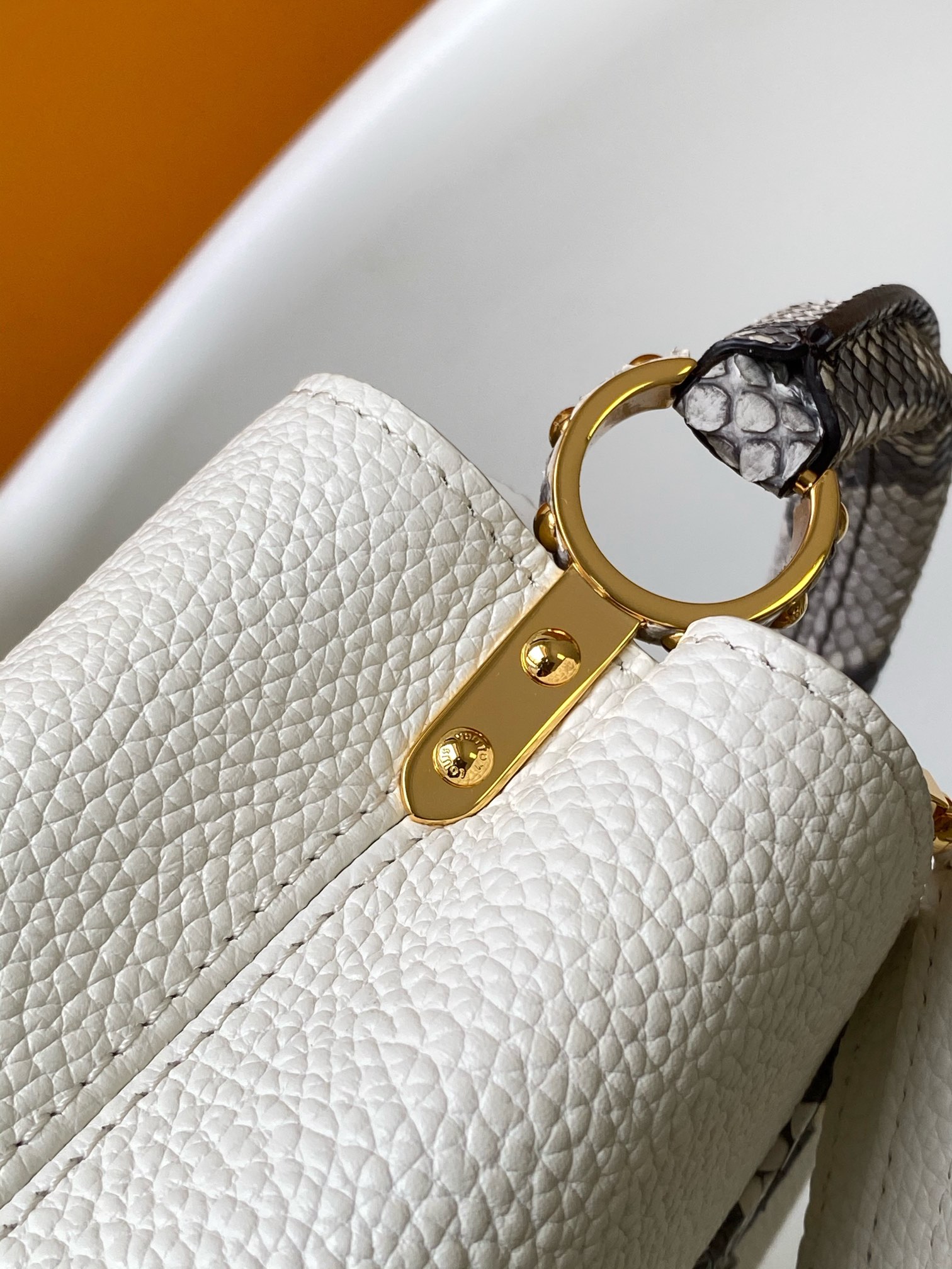 Louis Vuitton LV N98477 Capucines Handbag in White Python Leather with Gold Hardware