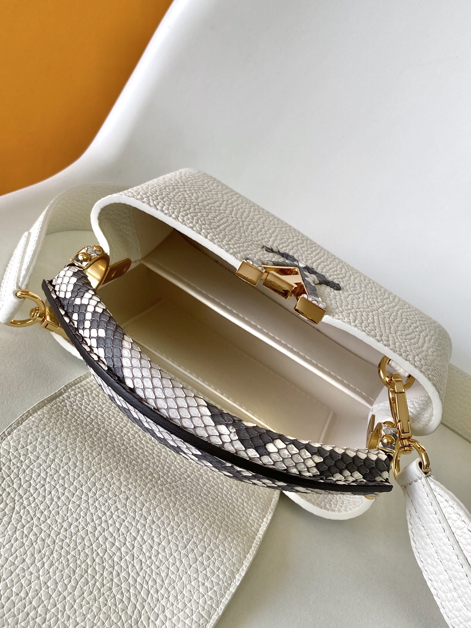 Louis Vuitton LV N98477 Capucines Handbag in White Python Leather with Gold Hardware